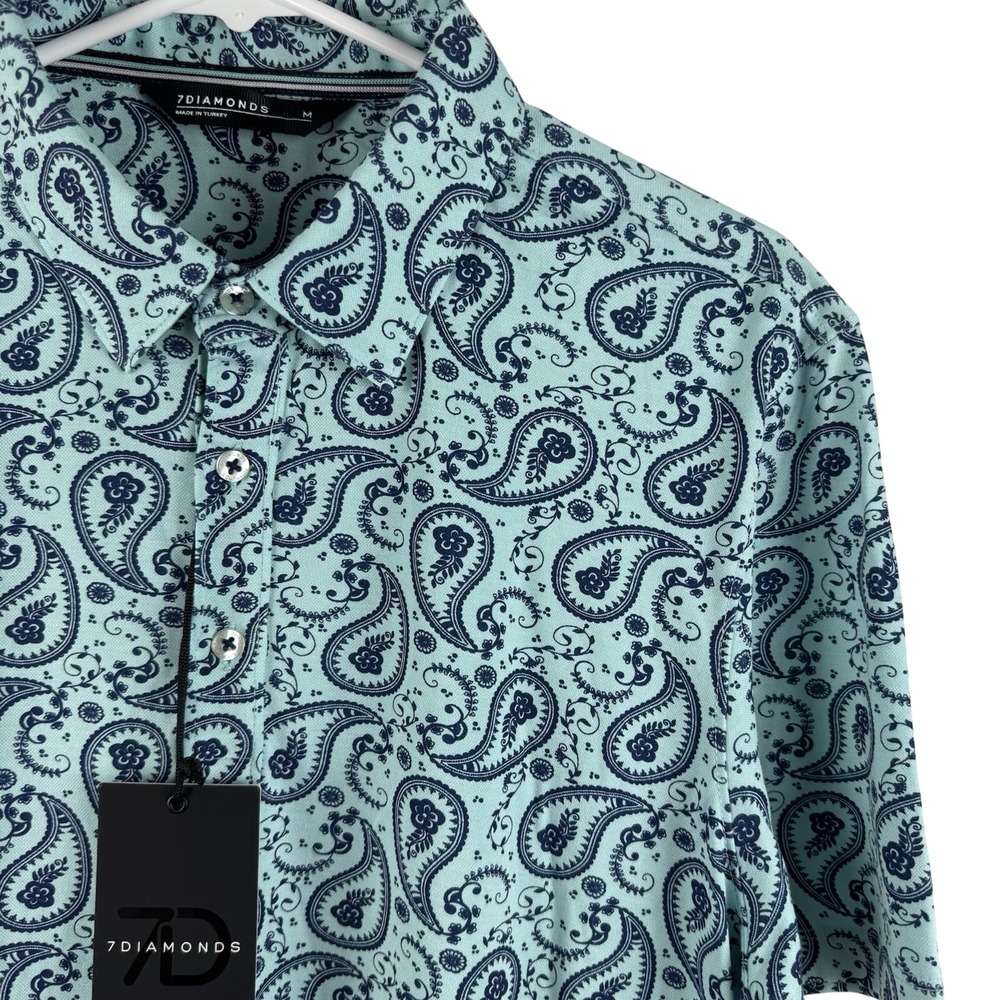 7Diamonds Palmer Polo Mens M Blue Navy Paisley Pima Cotton Stretch SMP-1569